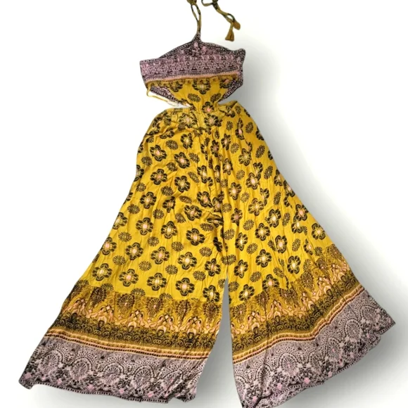 Free People Maribelle Cut-Out Jumpsuit Size Medium Yellow Bohemian Paisley - Picture 7 of 12